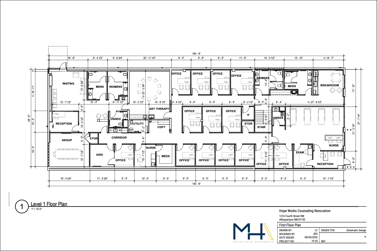 Rendering of Phase 2 in the HopeWorks Campus Renovation. Black and white floor plan of new therapy offices and client spaces.